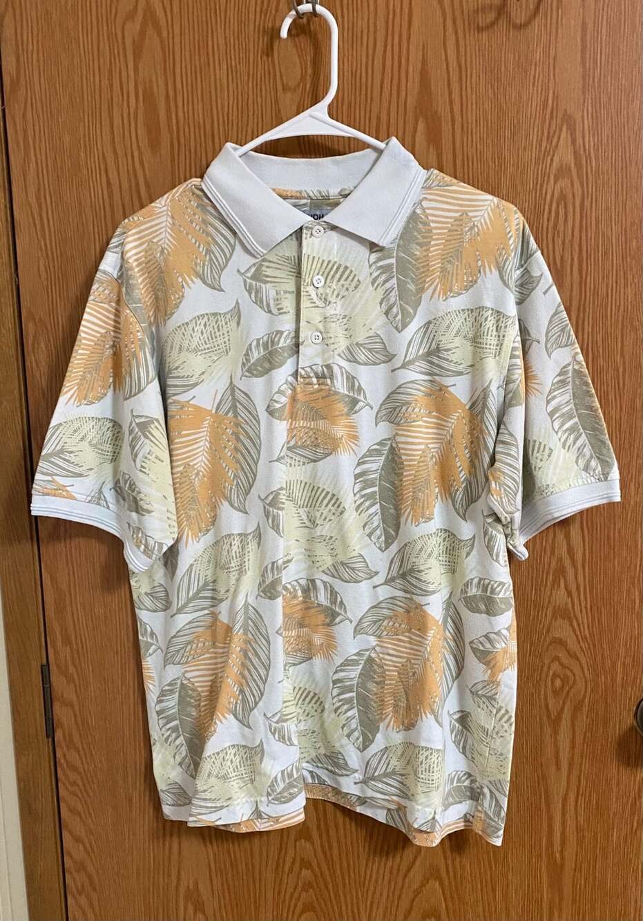 Windham Pointe Tropical Leaf Polo Size M Off White Cotton